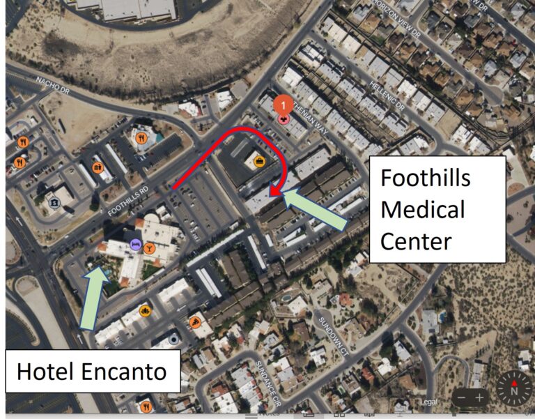 Foothills Medical Center is on the other side of the parking lot of Hotel Encanto towards the back